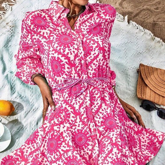 Hot Pink Boho Womens Allover Print Belted Shirt Dress - Picture 3 of 5